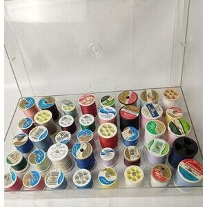 Assorted Sewing Thread 40 Spool Lot & Clear Plastic Organizer Box Storage Case